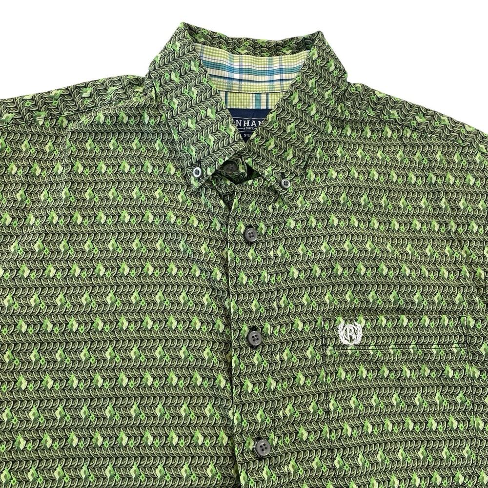 Panhandle Select Button Down Shirt Men's S Green Geometric Pattern All Cotton